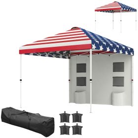10' x 10' Pop Up Canopy Tent w/ Sidewall, Height Adjustable Instant Sun Shelter w/ Storage Pockets, American Flag Print