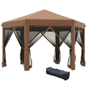 13x13 Pop Up Canopy, Hexagonal, Brown, Mesh Sidewalls, Adjustable Height, Steel Frame